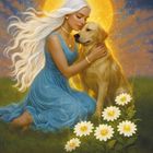 „Dog & Daisy. Simplicity · Humility · Enoughness“. Eine Illustration: Frau mit Hund, blonder Engel, gelber Schein, Gänseblümchen.