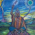 "Der Schamane 1" steht unten. Eine Illustration zeigt einen Schamanen in bunter Kleidung, der eine Feder in der Hand hält.