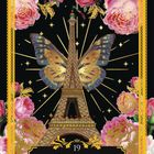 Text: "Der Turm. Einsamkeit - Isolation - Bauwerk. 19." Eiffelturm mit Schmetterlingsflügeln und Rosen umrahmt.