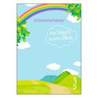 "Schlüsselanhänger" und "Ein Engel behüte Dich" auf hellblauem Hintergrund mit Regenbogen und grüner Landschaft.
