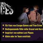 Logo "Crime Places", Texte: "Für Fans von Escape Games", "Hochspannende Fälle", "Inspiriert von Lost Places", dunkle Treppe, Gruppe.