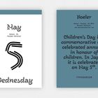 Links: "May", "Wednesday", große "5". Rechts: Kinderfest am 5. Mai in Japan, Text in dekorativer Schrift.