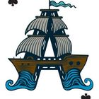 Ein großes "A", darüber und darunter ein Kreuz-Symbol. Illustration: Schiff das gleichzeitig wie ein "A" aussieht, mit blauem Wasser.