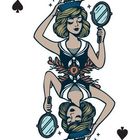 Text: "D", "4". Eine stilisierte Dame mit Hut und Spiegel. Das Design ist wie auf einer Spielkarte gespiegelt.