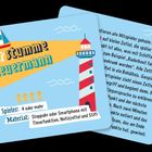 "Der stumme Steuermann", Spieler: 4 oder mehr, Material: Stoppuhr oder Smartphone mit Timerfunktion, Notizzettel und Stift. Illustration mit Segelboot und Leuchtturm.
