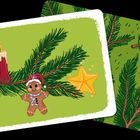 Illustration: Ein Tannenzweig mit Kerze, Lebkuchenmann und gelbem Stern auf grünem Hintergrund.