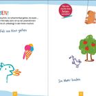 Endlich Ferien! Mit Feli ins Kino gehen. Im Meer baden. Illustration mit Eis, Baum, Vogel, Dino und schaukelndem Tier.