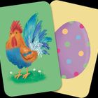 Links ist eine Illustration eines bunten Hahns, rechts eine Karte mit einem gepunkteten Ei.