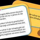 1. Abitur mit 11 bestanden. 2. Schule bedeutet freie Zeit. 3. Lehrer in CH nutzt Ukulele. Illustrationen, bunt gestaltet.