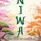 Text: "NIWA." Eine Illustrierte Landschaft mit Kirschblüten, bunten Bäumen und einem Fluss mit Brücke.