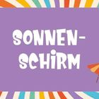 "Sonnenschirm" in weißer Schrift auf lila Hintergrund, bunt gestreifter Rand, kleiner bunter Sonnenschirm rechts.