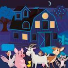 Tiere vor einer Scheune bei Nacht: Gans, Schwein, Ziege, Vogel, Reh und Waschbär. Der Himmel zeigt einen sichelförmigen Mond.