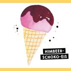 Himbeer-Schoko-Eis: Illustration eines Eishörnchens mit rosa Eis und Schokoglasur, gelber Rand, schwarze Spritzer.