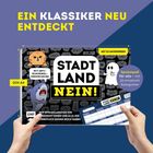 "Ein Klassiker neu entdeckt. Stadt Land Nein! Mit Anti-Schummel-Drehscheibe. DIN A4. Spielspaß für alle." Illustrationen von Katze und Hai.