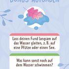 Bonus-Aufgaben: Lass deinen Fund auf Wasser gleiten. Was kann sonst auf Wasser schwimmen? Illustration mit Blatt.