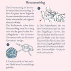 Überschrift: Maschen anschlagen. Titel: Kreuzanschlag. Text erklärt, wie man Maschen anschlägt. Zwei Illustrationen zeigen Schritte.