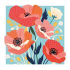 Illustration von stilisierten roten und gelben Blumen mit blauen Blättern auf hellblauem Hintergrund.