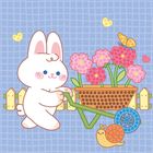 Eine Illustration: Ein weißer Hase schiebt eine Schubkarre mit Blumen. Eine Schnecke und Schmetterling sind auch zu sehen.
