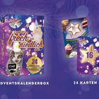 "Lasst uns frech und niedlich sein". Adventskalenderbox mit Katzen- und Hamstermotiv, Lila Hintergrund, goldene Sterne.
