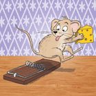 Illustration: Eine lustige Maus springt über eine Mausefalle auf Holz, hält ein Stück Käse, mit lila Muster-Hintergrund.