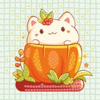 Illustration: Ein niedliches Tier mit roten Bäckchen sitzt in einem Kürbis und trägt Blätter und Beeren auf dem Kopf.