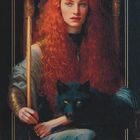 „Königin der Stäbe“. Eine rothaarige Frau mit Krone sitzt mit einem schwarzen Panther auf dem Schoß.