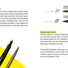Seite beschreibt Kugelschreiber und Fineliner. Enthält Texte zu ihren Vorteilen und Strichstärken, illustriert mit Stiften.