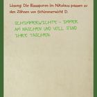 Text: "Lösung: Die Bissspuren im Nikolaus passen zu den Zähnen von Schimmerwicht D. Schimmerwichte - immer am Naschen und voll sind ihre Taschen." 

Beige Hintergrund mit grünem Rand.