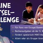 "Deine Rätsel-Challenge. Für Fans von Escape Games. Rechenaufgaben ab der 5. Klasse. Fördert MINT-Kompetenzen. Illustration: Ein Pferd und drei Kinder beim Spielen."
