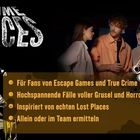 "Crime Places" oben. Texte: Escape Games, True Crime, Grusel, Lost Places. Drei Personen in ernster Stimmung. Flugzeug links.