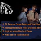 "Crime Places", Text über Escape Games. Clown-Illustration, Gruppe mit Schlössern, spannend und gruselig.