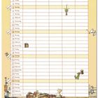 Kalender für September mit Wochentagen. Illustrationen von Hühnern, einem Mann mit Katze und Werkstattutensilien.