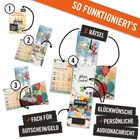 "So funktioniert's" beschreibt schrittweise Glückwunschkarten mit Rätseln, Fach für Gutschein/Geld, und Audionachricht.