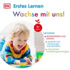 Erstes Lernen: "Wachse mit uns!" Buntes Logo, Kind spielt mit Bauklötzen. Lernziele: Konzentration, Motorik, räumliches Vorstellungsvermögen.