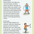 Übungsanleitungen: Hampelmann: Stehe aufrecht, springe, Arme hoch. Kniebeuge: Füße breit, Oberkörper gerade, hocken, aufstehen.