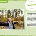„Sich mit der Natur verbinden“, „Waldbaden“. Frau, Arme ausgebreitet, steht lächelnd in einem Wald.
