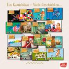 "Ein Kamishibai - Viele Geschichten..." Verschiedene farbenfrohe Kinderbuchcover, darunter "Heute bin ich" und "Heule Eule".