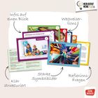 Texte: "Infos auf einen Blick", "Wegweiser-Icons", "Klar strukturiert", "Starke Symbolbilder", "Reflexions-Fragen". Verschiedene bunte Karten.