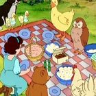 Eine Illustration zeigt ein Picknick mit Tieren und einer Person auf einer karierten Decke, umgeben von Schalen und einer Picknickbox.