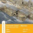 Dolomit-Calcit – Marmor, Alter: 235 Mio. J., Dichte: 2,68 g/cm³, Kaltwasserpass (VS), metamorphen Gestein.