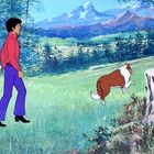 Illustration: Eine Person geht mit einem Hund über eine grüne Wiese, im Hintergrund Wälder und Berge.