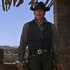 Ein Mann in Westernkleidung steht in einem steinernen Raum mit Regalen voller Flaschen, im Hintergrund eine Wüstenlandschaft.