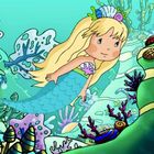 Illustration: Eine blonde Meerjungfrau schwimmt in einer bunten Unterwasserwelt mit Korallen und Muscheln.