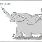 "Hi, alle Leute!" Ein Elefant mit einem Affen auf dem Rücken. Schwarz-weiße Illustration mit fröhlichem Ausdruck.