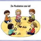 "Die Musikanten sind da!" über einer Illustration von fünf Kindern, die auf einem Teppich sitzen und Musikinstrumente spielen.