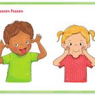 "Grimassen fassen" steht oben. Illustration von zwei Kindern: eins streckt die Zunge raus, das andere macht dicke Backen.