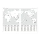 „World Time Chart“. Eine Weltkarte mit Städtenamen und darunter eine Tabelle mit Zeitzoneninformationen.