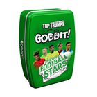 „Top Trumps“, „GODDIT!“, „World Football Stars“. Grünes Etui, Fußballspielerabbildungen.