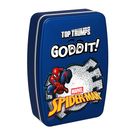 Text: "Top Trumps Goddit! Marvel Spider-Man." Illustration: Spider-Man vor gemauerter Kulisse auf einer blauen Metalldose.
