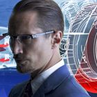 Text "E", holografische Auto-Illustration, Mann im Anzug mit Brille, futuristisches Design.